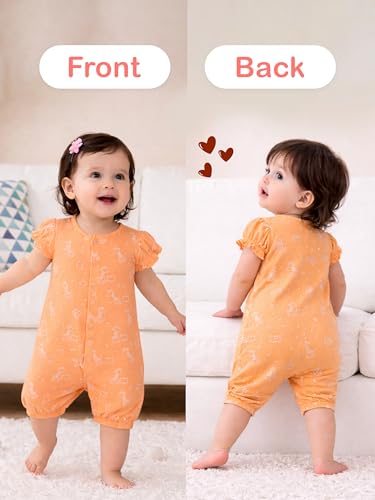 Image of Kidbea Organic Cotton Baby Romper for Infant Girls Front Button Half Sleeve Jumpsuit | Cute Printed Newborn Baby Girl Daily Comfort Wear