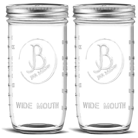 Wide Mouth Mason Jars 24 oz - (2 Pack) - Clear Glass Pint and a Half Mason Jars With Airtight Lids and Bands. For Storage, Canning, Fermenting, Cold Brew Coffee, Freezing, Microwave & Dishwasher Safe Cover