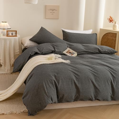 Image of ECOCOTT Duvet Cover Set, 100% Washed Cotton Linen-Like Textured Soft & Breathable, Durable Comfy Bedding Set for All Seasons (Grey, California King)