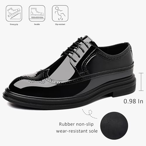 Men's Patent Leather Wingtip Brogue Lace-up Oxford Shoes Classic Pointed Toe Retro Carving Low Chunky Heel Derby Shoes Wedding Business Formal Party Dress Shoes3