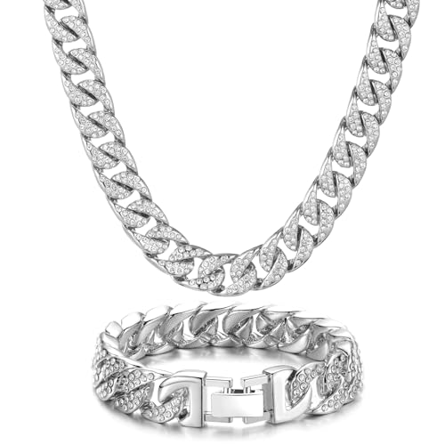 Saintda Cuban Link Chain For Men Necklace Bracelet Jewelry Set Silver Fake Diamond Iced Out Mens Bling Thick Necklaces choker Chains (Silver-14mm 18inch)