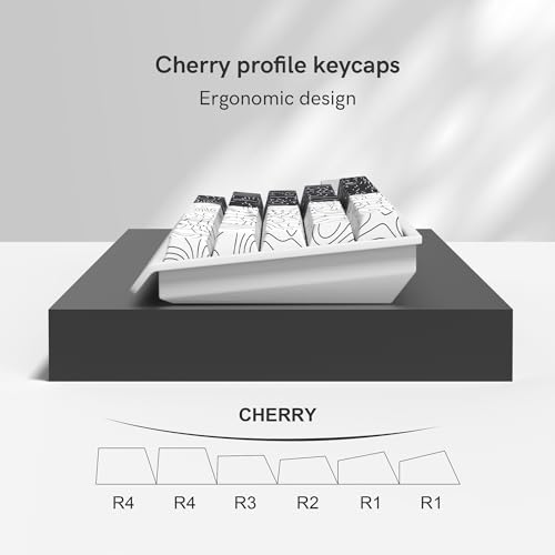 Image of double shot PBT keycaps,black and white,Topographic keycaps,lines backlit,Shine Through keycap,Side Printed keycap,dye sublimation,Cherry Profile keyboard caps for TKL US Layout Mechanical Keyboard