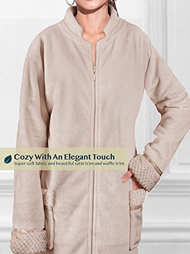 Pavilia Womens Housecoat Zip Robe, Fleece Zip Up Front Robe Bathrobe, Plush Warm Zipper House Coat Lounger For Women Ladies Elderly With Satin Trim, Pockets, Long - Beige Taupe (Large/X-Large) #TOP2