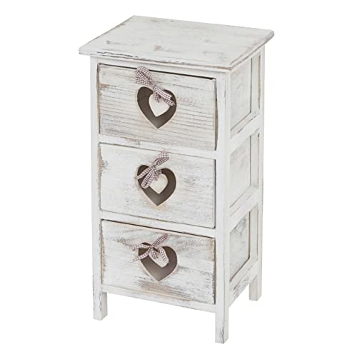 DECOSHOP26 Petit Meuble de Rangement Table de Chevet 3 tiroirs avec Motif Coeurs 55x29x25cm Style Vintage Blanc 04_0002479