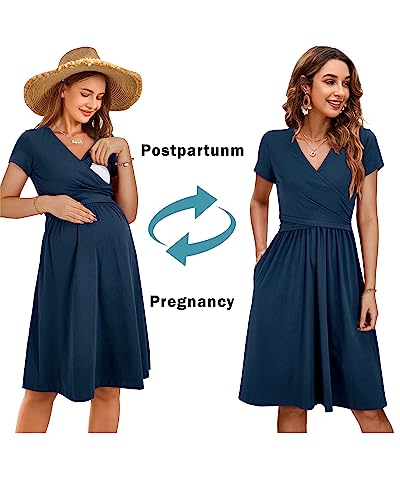 Image of OUGES Maternity Nursing Dress Breastfeeding Short Sleeve V Neck Casual Pregnancy Clothes with Pockets