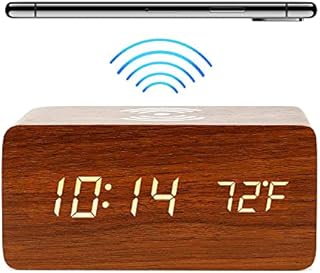 Wooden Digital Alarm Clock With Qi Wireless Charging,Bedside Led Clock with 3 Alarm Settings, Temperature Display,Adjustable Brightness,Sound Control for Bedroom, Livingroom, Desk, Kids (Brown)