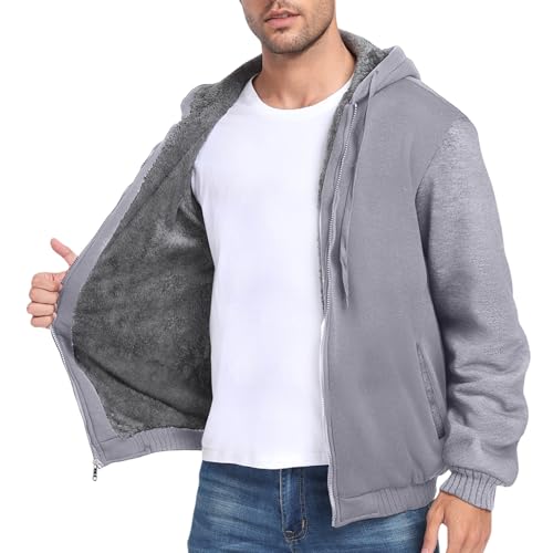 Image of Men's Plush Hoodie Zip-up Outdoor Jacket Fleece-Lined Hooded Long Sleeve Sweaters