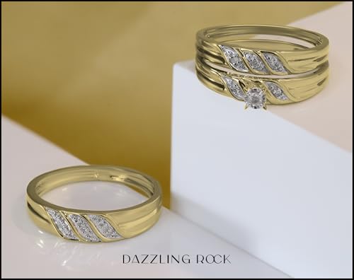 Dazzlingrock Collection 0.10 ctw Round White Diamond Illusion Engagement Trio Ring Set for Him & Her in Yellow Plated Sterling Silver4