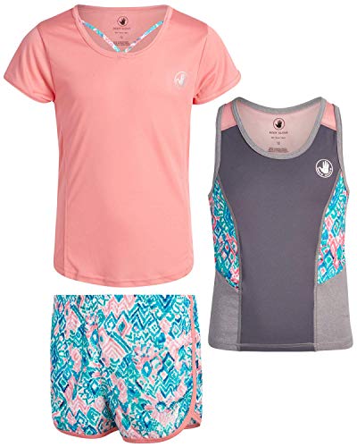 Body Glove Girls 3-Piece Active Shorts Set with T-Shirt & Tank Top, Size 7, Pink/Green Print