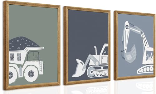 Image of arfitest Framed Construction Truck Wall Art Set of 3, Bulldozer Dump Truck Excavator Colorful Illustration Canvas Prints with Wood Frames, Wall Decor for Boys Kids Room Nursery Playroom, 12x16Inch
