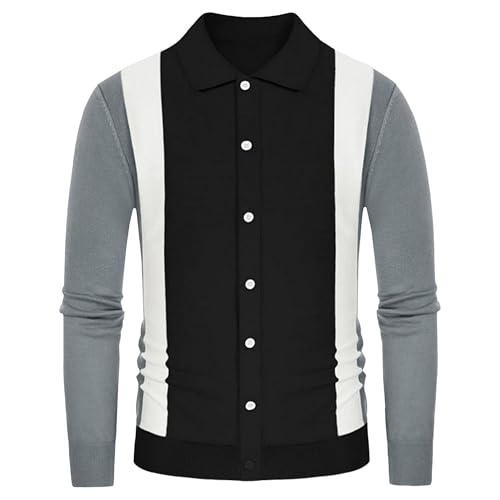 Men's Lapel Splicing Color Blocking Sweater Men Long Sleeve Buttons Down Sweaters Men's Slim Fit Sweater