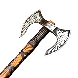 Mettleive | Viking Double Headed Axe Broad Beresker Double Sided Two Handed Double Face Cold Steel Real Gift Collectible Handmade Engraved Carvings LARP Prop (DxWings)