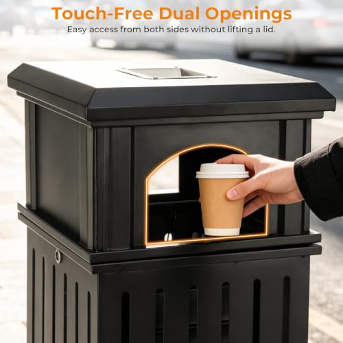 Image of BEAMNOVA Commercial Outdoor Trash Can with Lid, Matte Black, 15.8 * 35.5 in | Metal Heavy Duty Garbage Can Outside Waste Container for Hotel, Patio, Business, Pool Area, Exterior Public Area