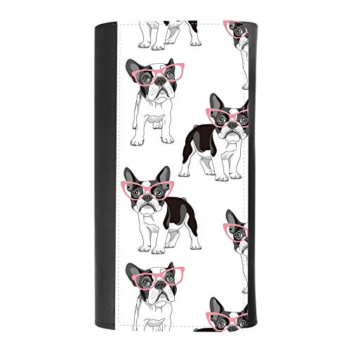 (Cute pattern with cartoon French Bulldog in pink glasses) women's Patterned Leather Buckle Trifold Wallet Bag Pouch Holster With Credit Card Holder insurance for smartphones