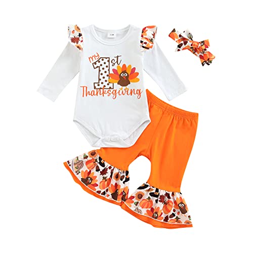 Image of Rtnnsbbfcm Newborn Baby Girl My 1st Thanksgiving Outfit Long Sleeve Turkey Romper Bell Bottom Pants Headband 3Pcs Set