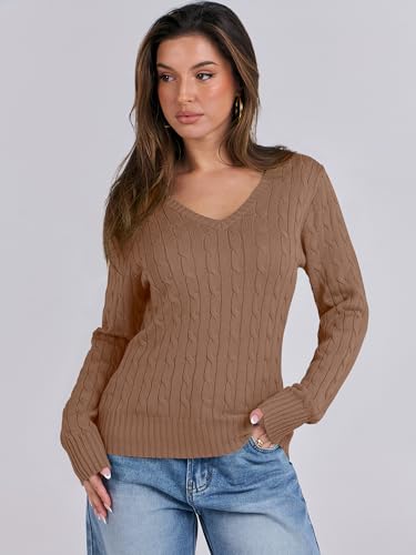Image of ANRABESS Women's Cable Knit V Neck Fitted Sweaters