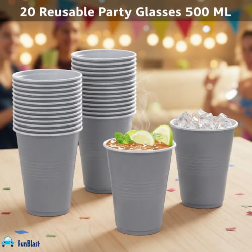 Image of FunBlast Party Drinking Glasses - 20 Pcs | 500 ML Reusable Beer Pong & Cocktail Cups | Leakproof, Strong & Durable Plastic Glass Set for Parties, Events & Celebrations (Grey)
