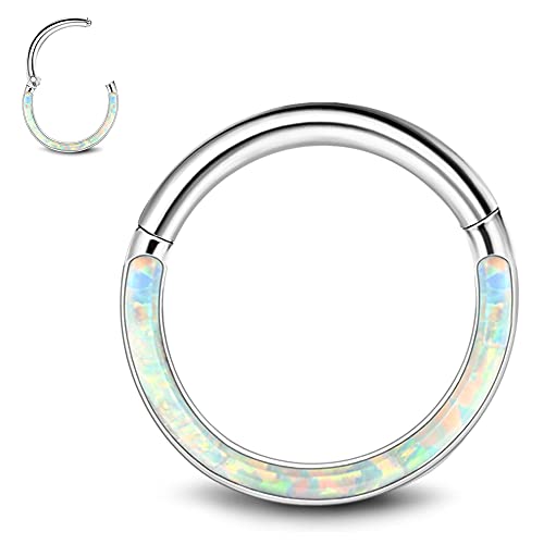 MILACOLATO 16G 18G Septum Rings for Women | 316L Surgical Stainless Steel Hinged Septum Clicker Nose Rings Hoop | White Opal Cartilage Conch Helix Rook Body Piercing Jewelry, 8mm