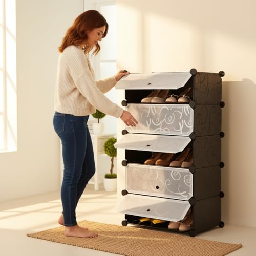 Image of Sunderlook Shoe Rack Plastic for Home- Shoe Stand, Chappal Stand, Professional Multipurpose Foldable Standing Comfort Runner Shoe Rack with Door, Slipper Stand (Black, 5 Shelf 5 Door)
