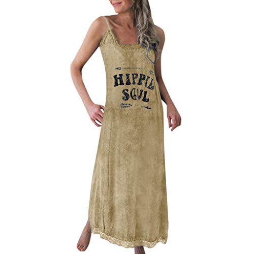 NANTE Top Loose Women s Dress Hippie Soul Print Long Dresses Sleeveless Length Skirt Tank Tops Ladies Gown O-Neck Sundress (Khaki, M)