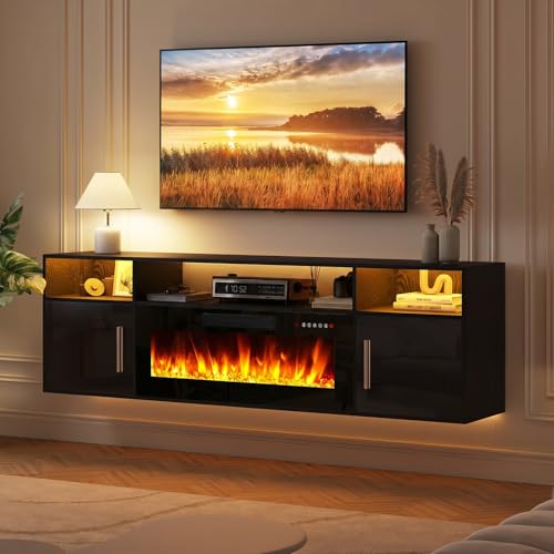 LEMBERI 70 Floating TV Stand with 36 Electric Fireplace Wall Mounted Fireplace LED Light Entertainment Center with Open Storage Shelf Fire Place TV Console with Highlight Cabinet for Living Room