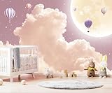 WFBHUA - Pink and Purple Clouds Wallpaper Hand-Painted Hot Air Balloons Moon Wall Mural for Children's Room Girls Room (Not Peel and Stick)
