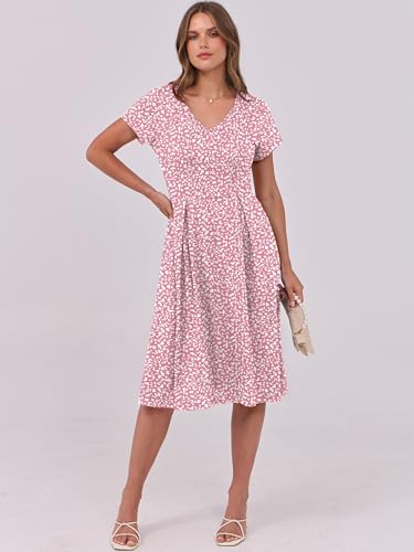 Image of ANRABESS Women Summer Dress Casual Short Sleeve V Neck A-Line Knee Length Pleated Flowy 2026 Fashion Midi Dresses with Pocket