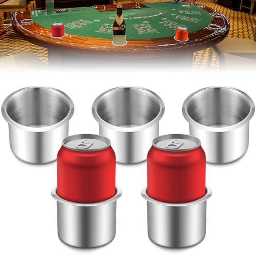 5 Pcs Tessco Table Cup Holder Inserts Stainless Steel Drop in Drink Cup Holder Insert Metal Poker Game Table Accessories for Casino Desk Car Trucks Boat Sofa Cupholder Storage