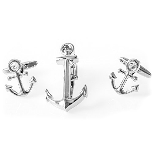 MRCUFF Anchor Pair of Cufflinks & Tie Bar Clip with Presentation Gift Box and Polishing Cloth