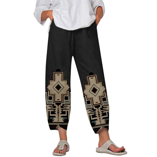 Image of DMOYALA Linen Pants for Women Summer Casual Wide Leg Capri Pants Loose Fit Palazzo Pants Cropped Beach Pants with Pockets