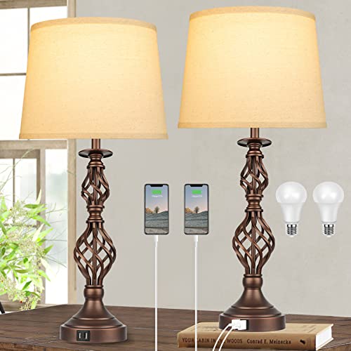 Set of 2 Touch Control Farmhouse Table Lamps, Nightstand Lamps with 2 USB Ports 3 Way Dimmable Touch Lamps with Spiral Cage Base Design for Bedroom Living Room Guest Room Cream Shades, Bulbs Included