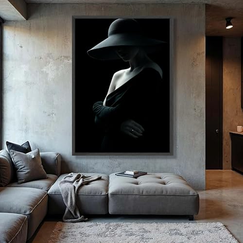 Tableau femme élégante en robe noire et chapeau | Affiche de mode et portrait minimaliste toile - 4