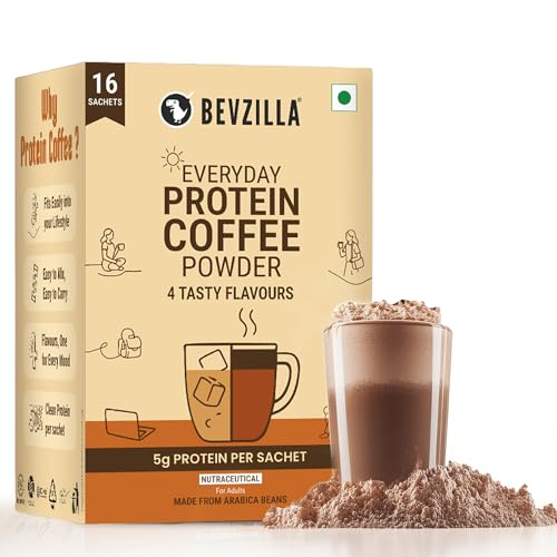 Image of Bevzilla Everyday Protein Instant Coffee Powder Sachets |160 GM(16x10g)| 5g Protein Each | Arabica Coffee | No Added Sugar | Hot & Cold Coffee Premix for Energy & Fitness