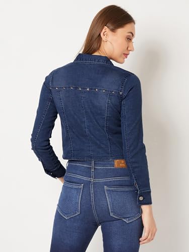 Image of Miss Chase Women's Polo Neck Full Sleeves Patch Pocket Denim Overcoat Knee-Length Jacket