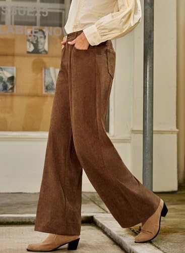 Sidefeel Women's Corduroy Pants Casual High Waisted Baggy Wide Leg Elastic Waist Loose Trousers with Pockets3