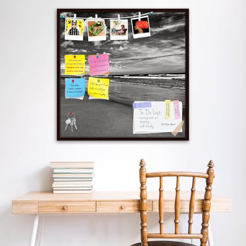 Image of ArtzFolio Sea, Air, & Land Monochrome Contrast | Bulletin Board Notice Pin Board | Vision Soft Board Combo with Thumb Push Pins & Sticky Notes | Dark Brown Frame | 16 x 16 inch (41 x 41 cms)