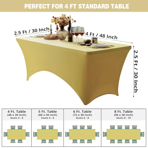 Image of FOLINS&HOME Yellow 4ft Fitted Water Resistant Tablecloth with Spandex | Washable Elastic Rectangle Table Cover for 4 Foot Folding Tables, Stretch Table Cloth for Weddings, Banquets, Parties