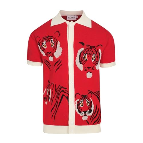 Men's Knitted Vintage Polo Shirt, 1960s Mod Style V-Neck Retro Polo Animal Pattern Shirt with Button Red