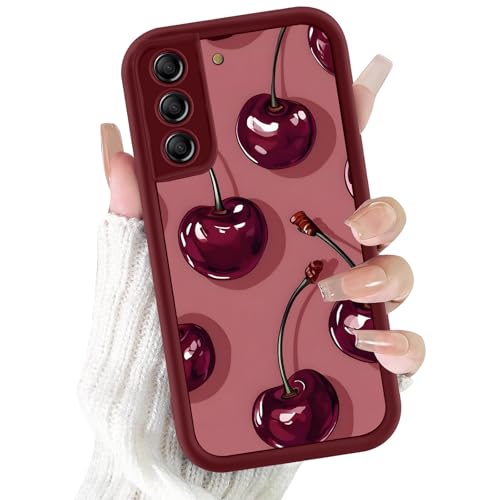 Kivlclri Handyhülle für Samsung Galaxy S21 FE 5G Hülle 6 7 Aesthetic Rot Kirsche Muster Motiv Design für Mädchen Schutzhülle Kameraschutz Stoßfest Weiche Bunt Rot Silikon TPU Bumper Case