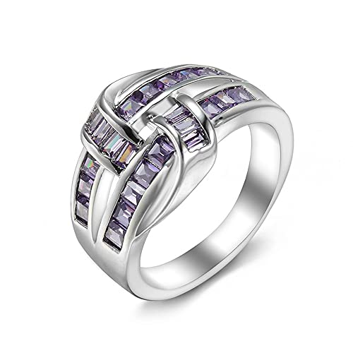SixTwo Creative 925 Sterling Silver Shiny Full Amethyst Ring Criss Cross Multi Row Ring CZ Diamond Tiny Baguette Eternity Engagement Wedding Band Ring Promise Ring Party Ring for Women ST.328 (10)