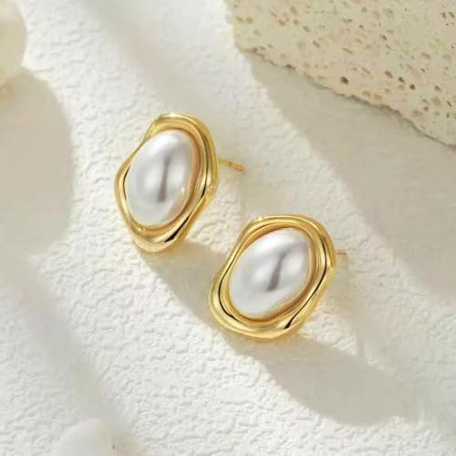 Gold/Silver Pearl Stud Earrings for Women Trendy, Geometric Hypoallergenic Statement Earrings Chunky Big Pearl Vintage Jewelry Gift for Women4