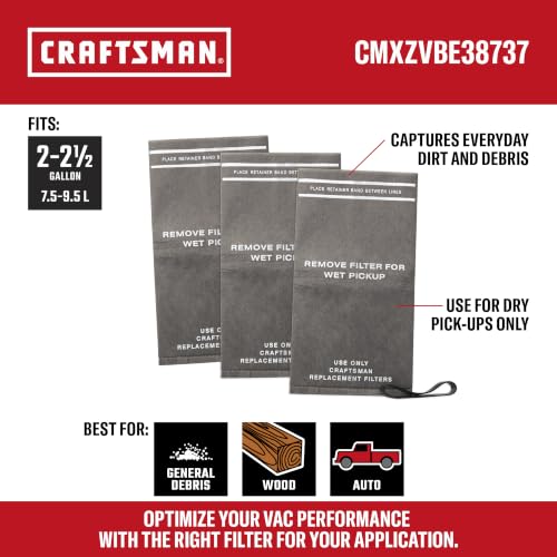 CRAFTSMAN CMXZVBE38737 Genuine 2.5 Gal. Wet Dry Vac Filter Bags with Band | For General Debris, Fits Most CRAFTSMAN 2 to 2.5 Gallon Shop Vacuums and Powerhead Bucket Vac, 3-Pack - image 2
