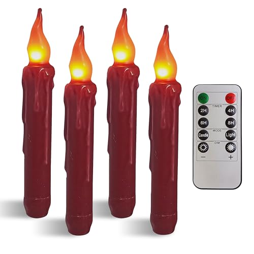 Image of Real Wax LED Flameless Christmas Short Taper Candles with Remote, 6.7 Inches Red Candlesticks, Dripless Battery Operated Flame Rustic Primitive Flameless Lights Holiday Decor, Pack of 4