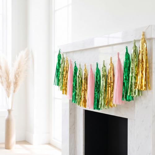 Image of 4P Pink-Gold Sage-Green Party-Decorations Foil Fringe Metallic Tassel Streamers Banner Tassel Garland for Parade Floats, Birthday, Bachelorette, Wedding, Halloween, Christmas