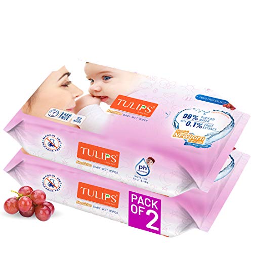 Image of Tulips Sensitive Baby Wet Wipes (72 wipes x 2 Pack), for Gentle Cleaning /Moisturising, Rash Free, 99% Purified Water with Grapefruit Extracts