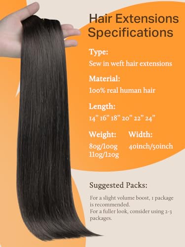 Image of DOORES Weft Hair Extensions, 20 Inch 100g Mocha Brown, Sew In Extensions Real Hair, Virgin Hair for Women