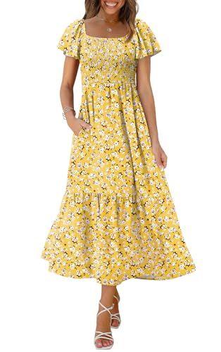 Image of OFEEFAN Summer Dresses for Women Square Neck Ruffle Sleeve Smocked Maxi Dress with Pockets
