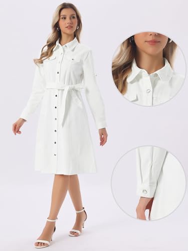 Image of Allegra K Denim Dress for Women's Long Sleeve Button Down A-Line Belted Classic Jean Dresses