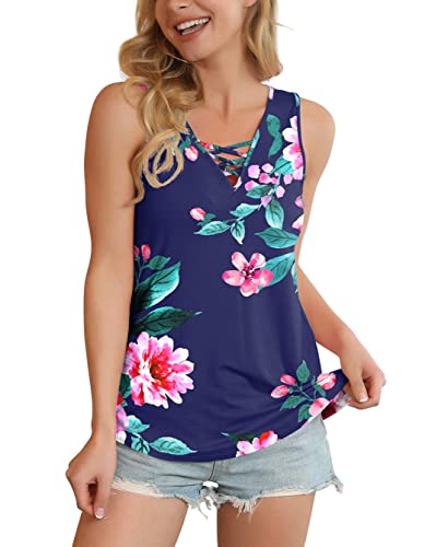 Feiersi Women's Sleeveless Criss Cross Print Casual Tank Tops Basic Blouse(Floral Navy Blue,Large) #TOP2