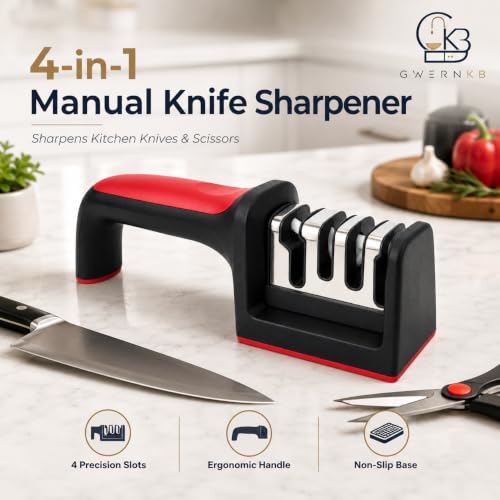 Image of GwernKB 4-in-1 Manual Knife Sharpener Tool for Kitchen, Kitchen Knife Sharpener for Home with Tungsten Steel & Ceramic Slots, Scissor Slot, Non-Slip Base & Ergonomic Handle